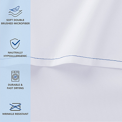 Host & Home Microfiber Flat Sheets - Queen - White W/ Blue Hem, Case Of 24 (MFS-90110)