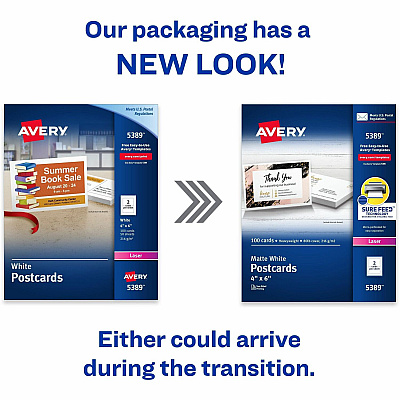 Avery(R) Printable Postcards with Sure Feed Technology, 4" x 6" , White, 100 Blank Postcards for Laser Printers (AVE5389)