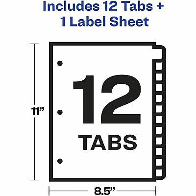 Avery(R) 12 Tab Dividers for 3 Ring Binder, Easy Print & Apply Clear Label Strip, Index Maker(R) Customizable White Tabs, 1 Set (AVE11428)