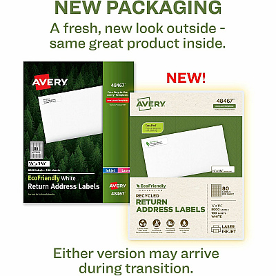 Avery(R) EcoFriendly Recycled Return Address Labels, 1/2" x 1-3/4" , White, Permanent Label Adhesive, 8,000 Printable Labels (AVE48467)
