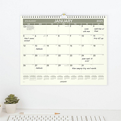 AT-A-GLANCE Recycled Wall Calendar, Unruled Blocks, 15 x 12, Sand/Green Sheets, 12-Month (Jan to Dec): 2026 (PMG7728)