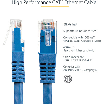 StarTech 2ft Cat6 Ethernet Cable Blue Cat 6 Poe (C6PATCH2BL)