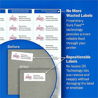 Avery Repositionable Address Labelss - Sure Feed Technology (AVE58160)