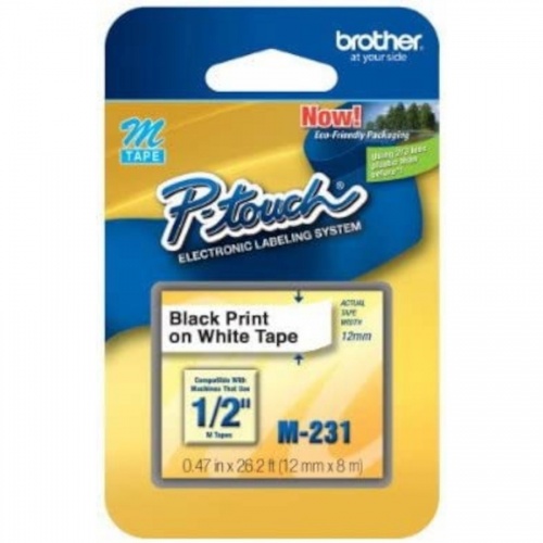 Brother 12mm (0.47") Black on White Non-Laminated tape for P-touch 8m (26.2 ft) (M231)