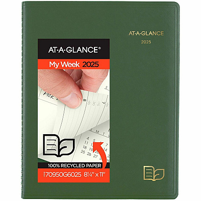 AT-A-GLANCE Recycled Weekly Vertical-Column Format Appointment Book, 11 x 8.25, Green Cover, 12-Month (Jan to Dec): 2026 (70950G60)