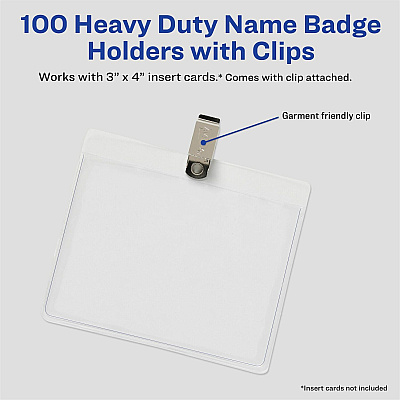 Avery(R) Heavy Duty Badge Holders, 3" x 4" , 100 Horizontal ID Badge Holders with Clips (AVE2923)
