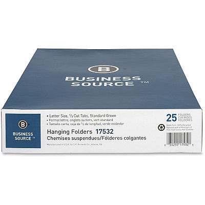 Business Source 1/3 Tab Cut Letter Recycled Hanging Folder (BSN17532)