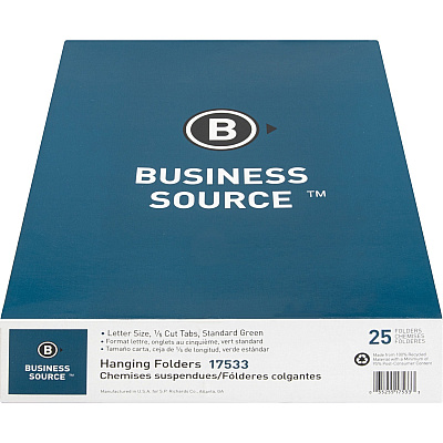 Business Source 1/5 Tab Cut Letter Recycled Hanging Folder (BSN17533)