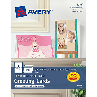 Avery Half-Fold Greeting Cards, Textured, Uncoated, 5-1/2" x 8-1/2" , 30 Cards (3378) (03378)