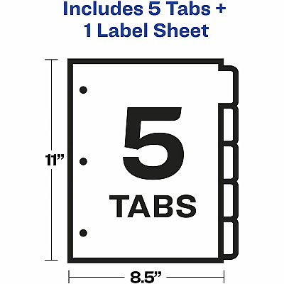 Avery(R) 5 Tab Dividers for 3 Ring Binder, Easy Print & Apply Clear Label Strip, Index Maker(R) Customizable White Tabs, 1 Set (AVE11416)