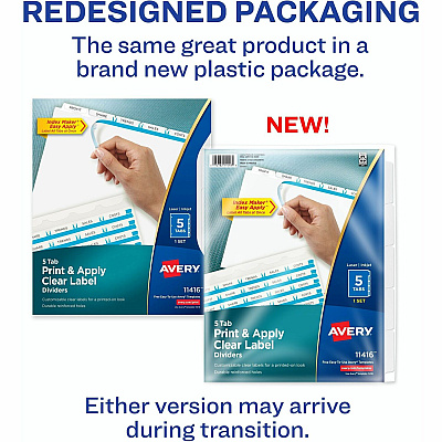 Avery(R) 5 Tab Dividers for 3 Ring Binder, Easy Print & Apply Clear Label Strip, Index Maker(R) Customizable White Tabs, 1 Set (AVE11416)