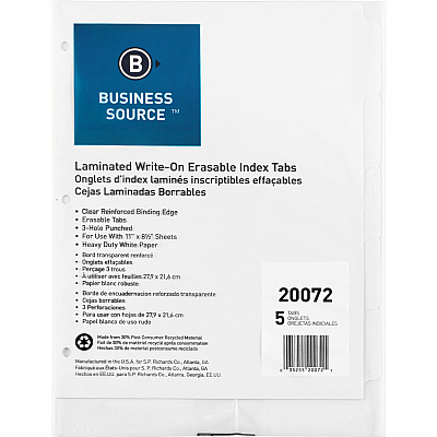 Business Source 3-Ring 5-Tab Erasable Tab Indexes (BSN20072)