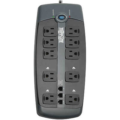 Tripp Lite Protect It! 10-Outlet Surge Protector, 8 ft. (2.43 m) Cord with Right-Angle Plug, 2395 Joules, Tel/DSL Protection, Black Housing (TLP1008TEL)