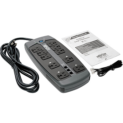 Tripp Lite Protect It! 10-Outlet Surge Protector, 8 ft. (2.43 m) Cord with Right-Angle Plug, 2395 Joules, Tel/DSL Protection, Black Housing (TLP1008TEL)