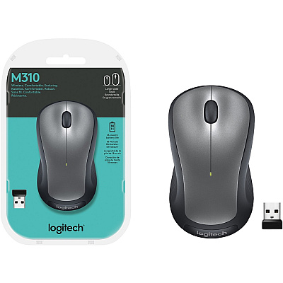 Logitech M310 Wireless Mouse, 2.4 GHz with USB Nano Receiver, 1000 DPI Optical Tracking, 18 Month Battery, Ambidextrous, Compatible with PC, Mac, Laptop, Chromebook (SILVER) (LOG910001675)