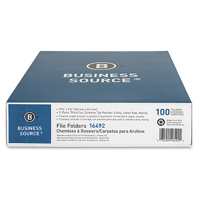 Business Source 1/3 Tab Cut Letter Recycled Top Tab File Folder (BSN16492)
