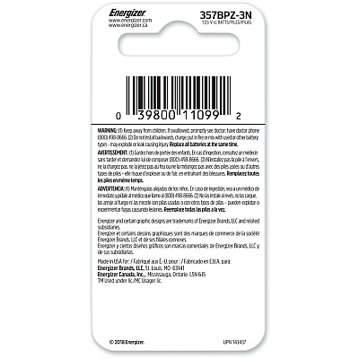 Energizer 357/303 Silver Oxide Button Battery, 3 Pack (EVE357BPZ3)