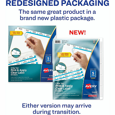 Avery(R) 5 Big Tab Dividers for 3 Ring Binder, Easy Print & Apply Clear Label Strip, Index Maker(R) Customizable White Tabs, 5 Sets (AVE11492)