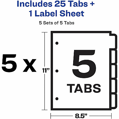 Avery(R) 5 Big Tab Dividers for 3 Ring Binder, Easy Print & Apply Clear Label Strip, Index Maker(R) Customizable White Tabs, 5 Sets (AVE11492)