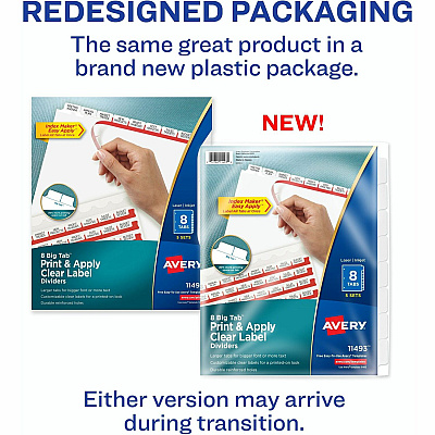 Avery(R) 8 Big Tab Dividers for 3 Ring Binder, Easy Print & Apply Clear Label Strip, Index Maker(R) Customizable White Tabs, 5 Sets (AVE11493)