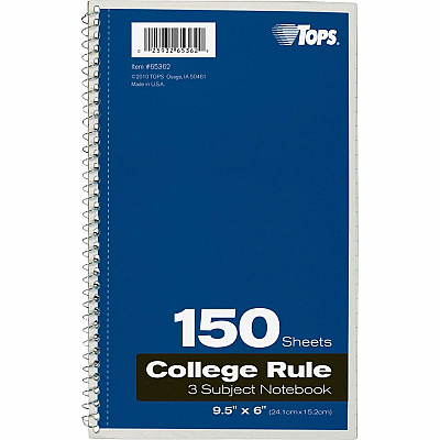 TOPS 3-subject College Ruled Notebook (TOP65362)