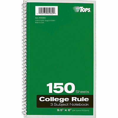 TOPS 3-subject College Ruled Notebook (TOP65362)