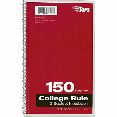 TOPS 3-subject College Ruled Notebook (TOP65362)