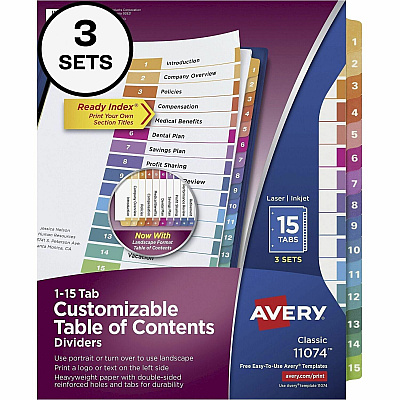 Avery Dividers, 15 Tabs, Ready Index, (3 Sets of 11074)