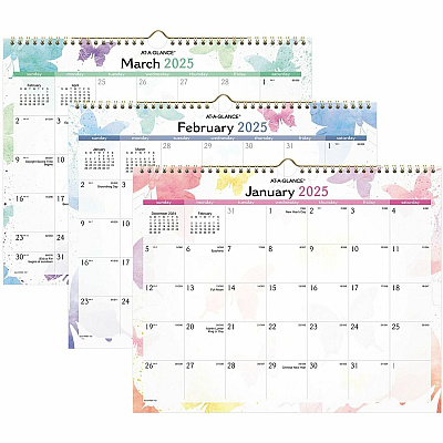 AT-A-GLANCE Watercolors Recycled Monthly Wall Calendar, Butterflies Artwork, 15 x 12, White/Multicolor Sheets, 12-Month (Jan-Dec): 2025 (PM91707)