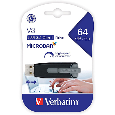 Verbatim 64GB Store 'n' Go V3 USB 3.2 Gen 1 Flash Drive - Gray (49174)