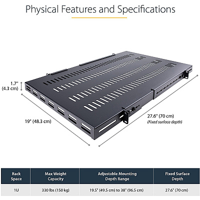 StarTech 1u Adjustable Mounting Depth Vented Rack Mount Shelf - Heavy Duty Fixed Server Rack Cabinet Shelf - 330lbs / 150kg (ADJSHELFHDV)