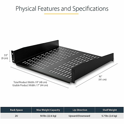 StarTech 2u 16in Universal Vented Rack Mount Cantilever Shelf - Fixed Server Rack Cabinet Shelf - 50lbs / 22kg - 16in Deep (CABSHELFV)