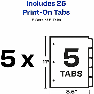 Avery(R) Customizable Print-On(TM) Dividers for 3 Ring Binders, 5-Tab Set, 5 Sets (AVE11515)