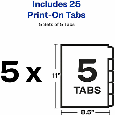 Avery(R) Unpunched Customizable Print-On(TM) Dividers for Use with Custom Binding Systems or 3 Ring Binders, 5-Tab Set, 5 Sets (AVE11516)