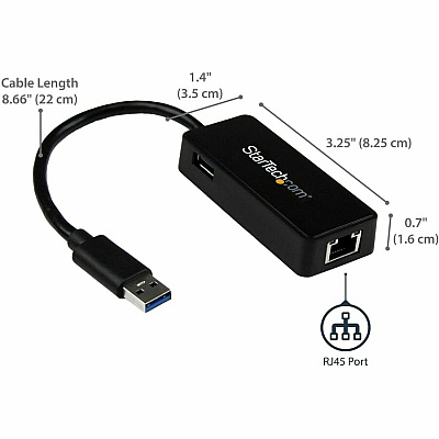 StarTech Usb 3.0 To Gigabit Ethernet Adapter Nic W/ Usb Port (black) - Usb 3.0 Nic - 10/100/1000mbps Usb 3.0 Lan Adapter - External Usb Network Card (USB31000SPTB)