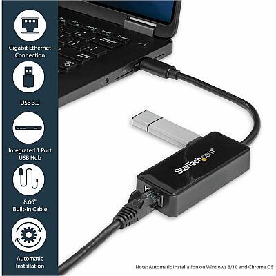 StarTech Usb 3.0 To Gigabit Ethernet Adapter Nic W/ Usb Port (black) - Usb 3.0 Nic - 10/100/1000mbps Usb 3.0 Lan Adapter - External Usb Network Card (USB31000SPTB)