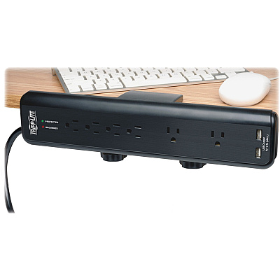 Tripp Lite Protect It! 6-Outlet Clamp-Mount Surge Protector, 6 ft. (1.83 m) Cord, 2100 Joules, 2 x USB Charging ports (2.1A total) (TLP606DMUSB)