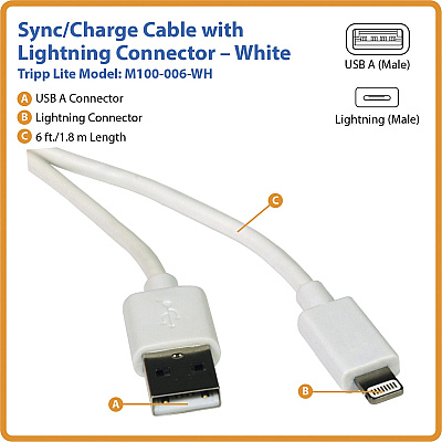 Eaton Tripp Lite Series USB-A to Lightning Sync/Charge Cable (M/M) - MFi Certified, White, 6 ft. (1.8 m) (M100006WH)