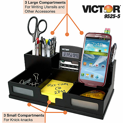 Victor 9525-5 Midnight Black Desk Organizer with Smart Phone Holder