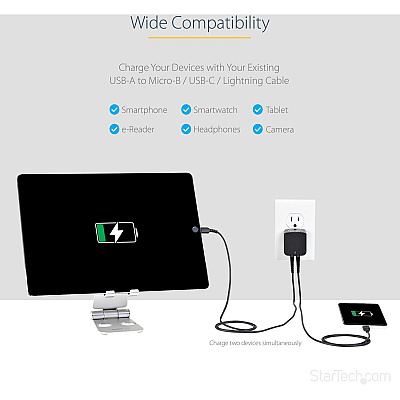 StarTech Dual Port Usb Wall Charger High Power 17 Watt / 3.4 Amp (1a & 2.4a) Travel C (USB2PACBK)