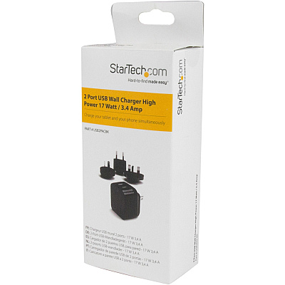 StarTech Dual Port Usb Wall Charger High Power 17 Watt / 3.4 Amp (1a & 2.4a) Travel C (USB2PACBK)