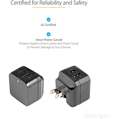 StarTech Dual Port Usb Wall Charger High Power 17 Watt / 3.4 Amp (1a & 2.4a) Travel C (USB2PACBK)