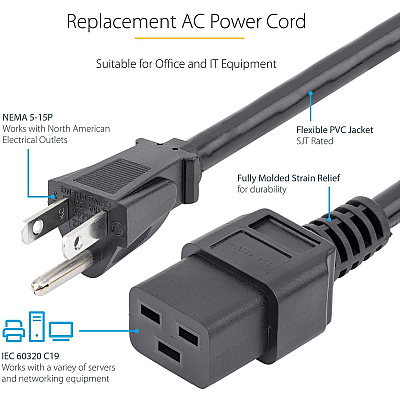 StarTech 10ft Heavy Duty Power Cord, 5-15p To C19 (PXT515191410)