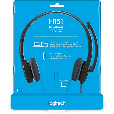 Logitech H151 Stereo Headset with Rotating Boom Mic (Black) - Stereo - 3.5MM AUDIO JACK CONNECTION - Wired - In-Line Control - 22 Ohm - 20 Hz - 20 kHz - Over-the-head - 5.9 ft Cable - Black (LOG981000587)