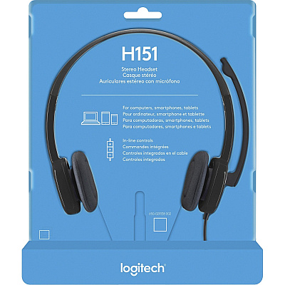 Logitech H151 Stereo Headset with Rotating Boom Mic (Black) - Stereo - 3.5MM AUDIO JACK CONNECTION - Wired - In-Line Control - 22 Ohm - 20 Hz - 20 kHz - Over-the-head - 5.9 ft Cable - Black (LOG981000587)