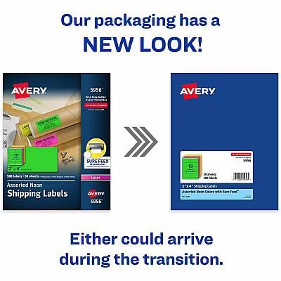 Avery 2"x 4" Neon Shipping Labels with Sure Feed, 500 Labels (AVE5956)