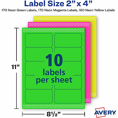 Avery 2"x 4" Neon Shipping Labels with Sure Feed, 500 Labels (AVE5956)