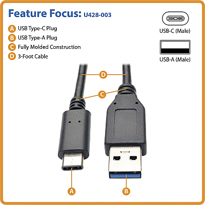 Eaton Tripp Lite Series USB-C to USB-A Cable (M/M), USB 3.2 Gen 1 (5 Gbps), Thunderbolt 3 Compatible, 3 ft. (0.91 m) (U428003)