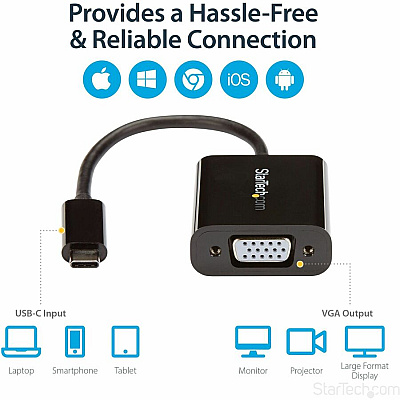 StarTech Usb-c To Vga Adapter - Usb Type-c To Vga Video Converter - Usb 3.1 Type-c To Vga Video Adapter - Usb 2.0 Type-c To Vga Video Converter (CDP2VGA)
