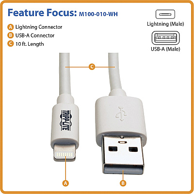 Eaton Tripp Lite Series USB-A to Lightning Sync/Charge Cable (M/M) - MFi Certified, White, 10 ft. (3 m) (M100010WH)